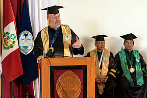 Photograph of Dr.h.c. Gebhardt's acceptance speech to the Tumbes university faculty
