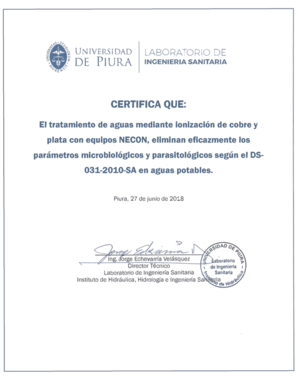 Сертификат для питьевой воды в Перу (нажмите, чтобы увеличить)
